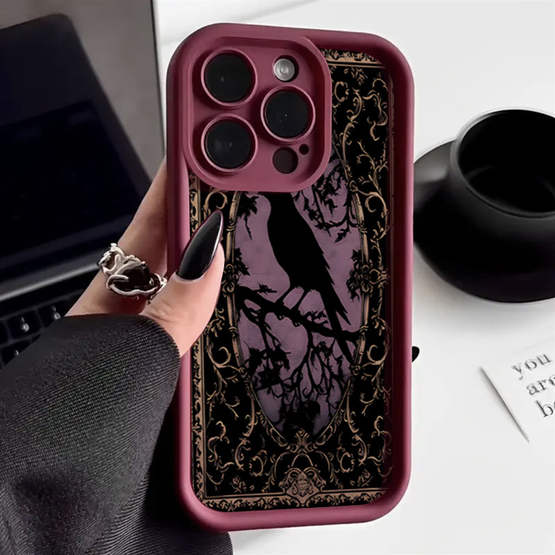 Phone Cases Aesthetic - Estético preto corvo padrão vinho vermelho